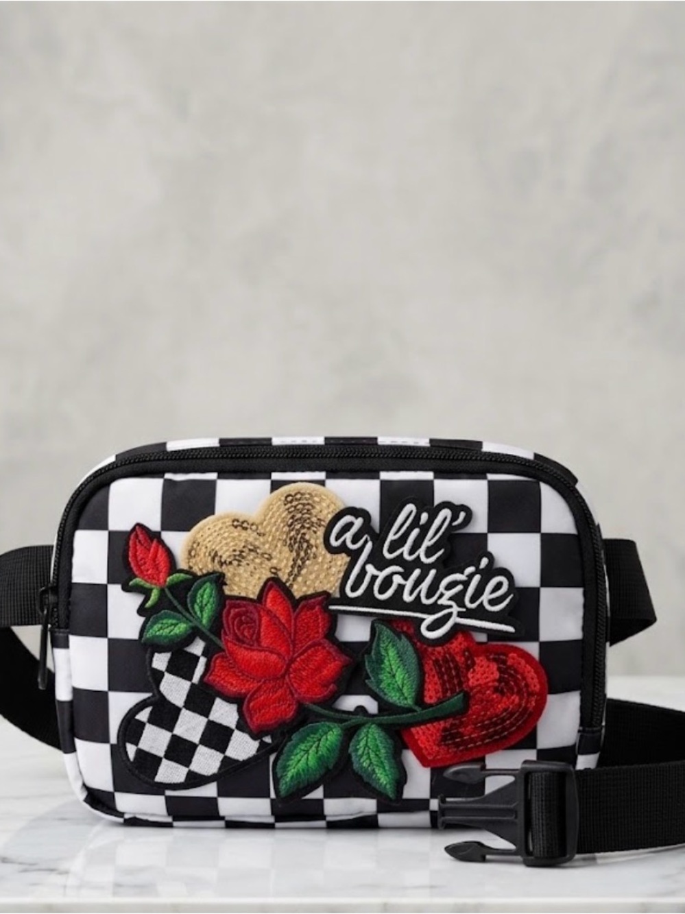 A Lil' Bougie Black & White Check Crossbody Bag with Red Rose Patch